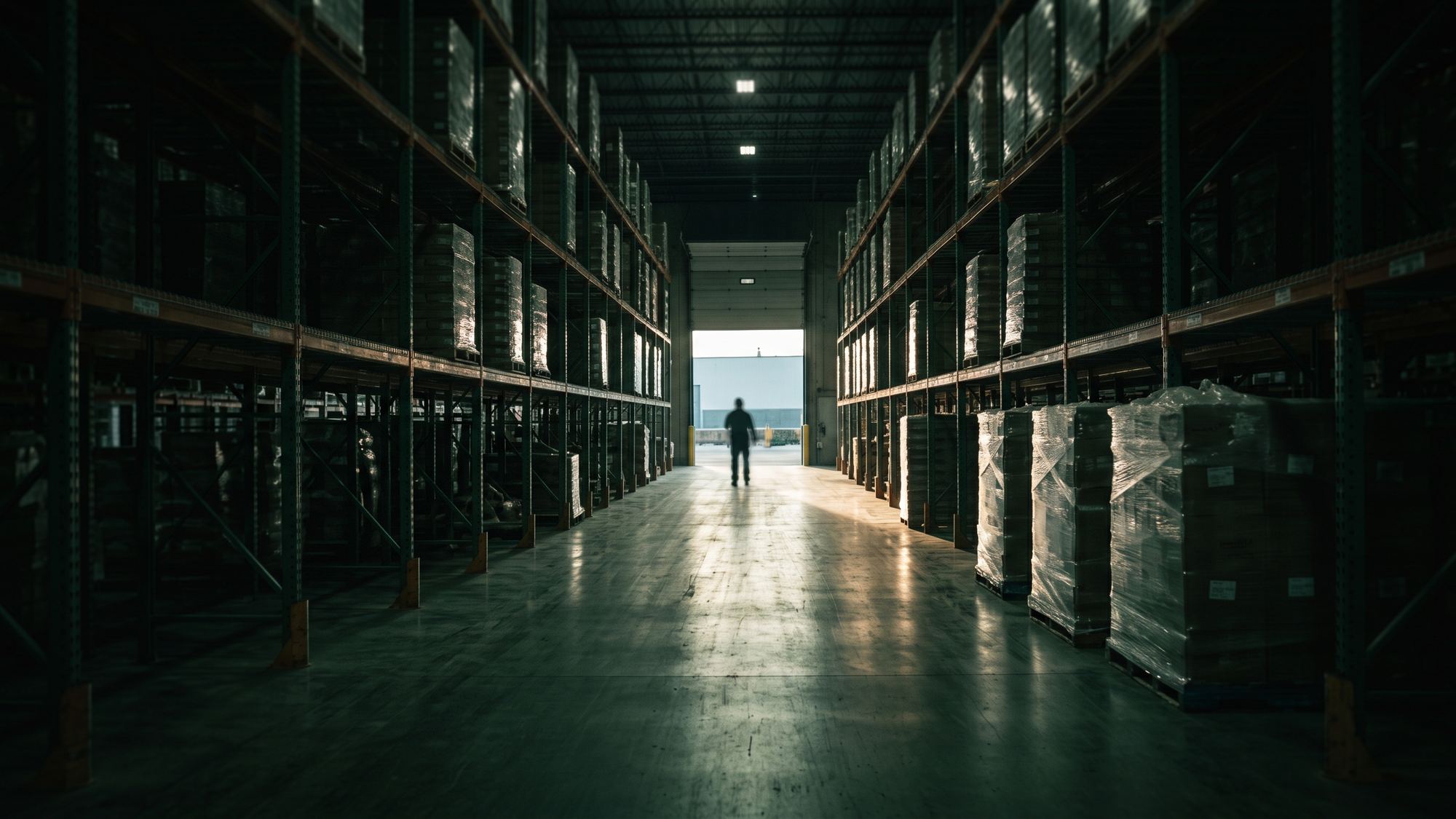 A warehouse aisle at the start of a shift, a worker walking toward the open dock door.