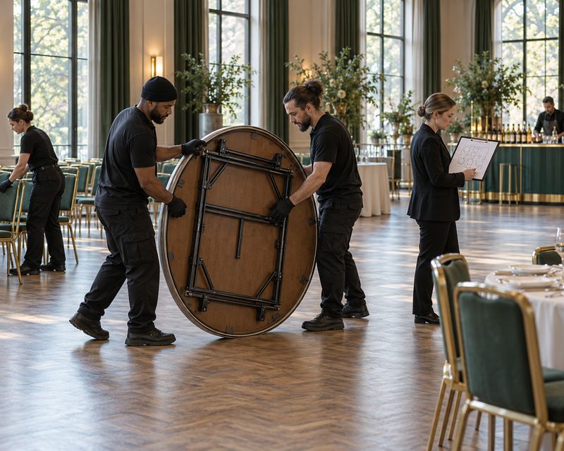 Event crew setting up tables and chairs in a banquet hall before guests arrive.