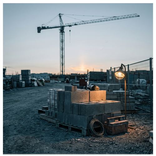 Stacked block and material on a construction site at first light.