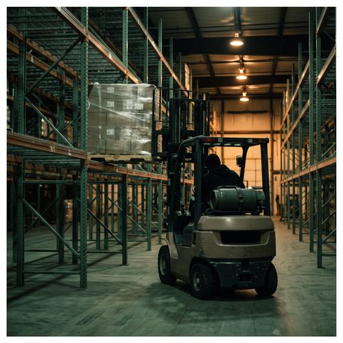 A counterbalance forklift placing a wrapped pallet on the second beam level.