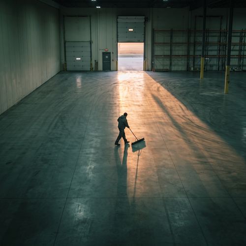 A worker sweeping a wide empty industrial floor in low sun.