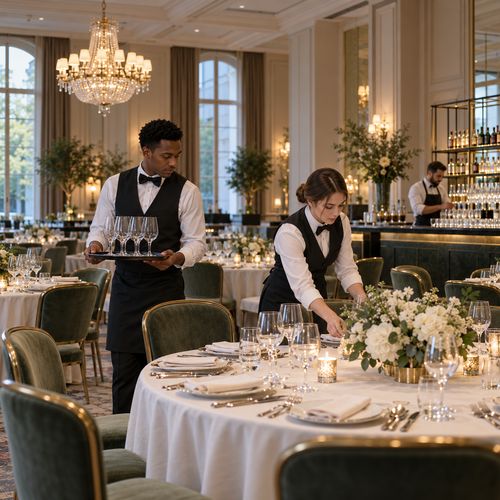 Servers setting banquet tables before an evening event.