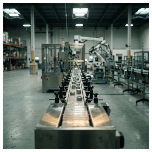 A stainless production line running through a manufacturing plant.
