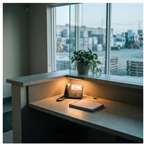 A reception desk in a small industrial-park office looking onto the yard.