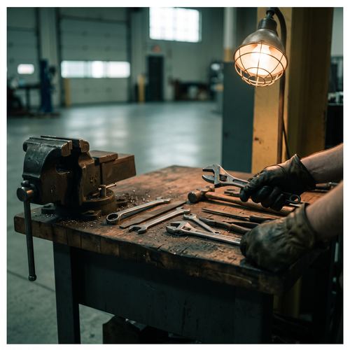 Hand tools laid out on a workbench under a work lamp in an industrial shop.