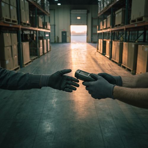 A scanner passed between two gloved hands in a warehouse aisle.