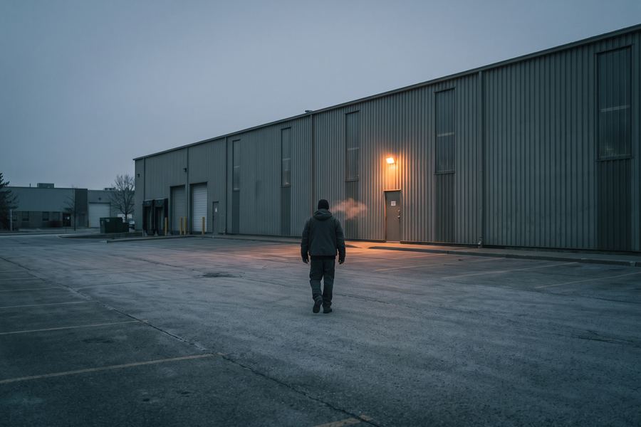 A worker crossing an empty lot toward a lit personnel door at dawn.